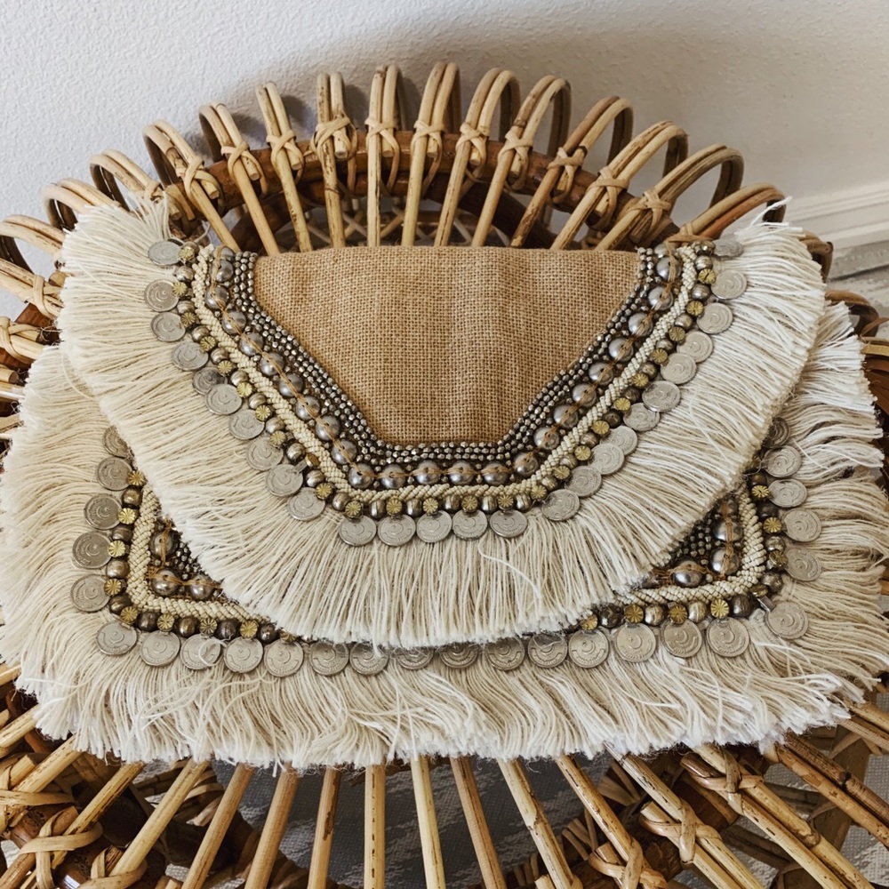 Vici Beige Cream Fringe Beaded Clutch